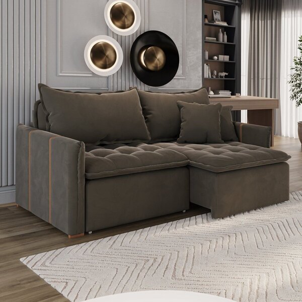 Sofá Cama Retrátil Em Madeira Eucalipto E Veludo 220cm Creta