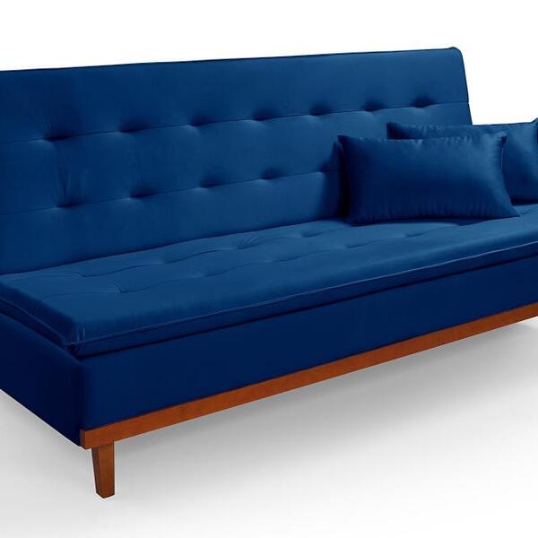 Sofá Cama Santorini Veludo Pés De Madeira Premium Azul Marinho
