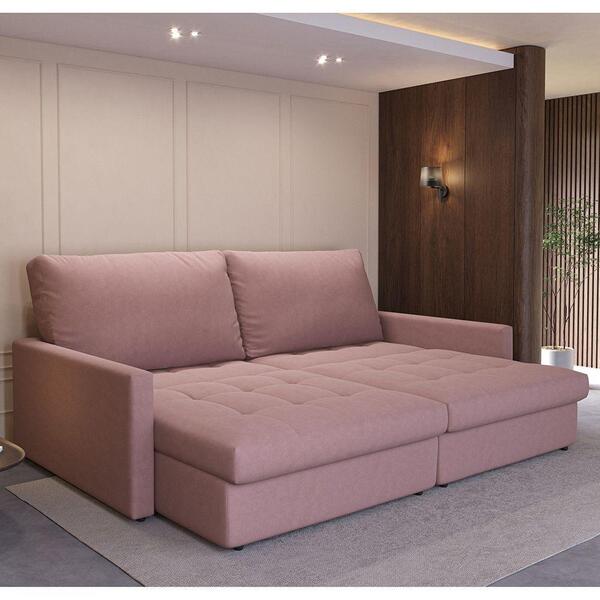 Sofá-cama Valência Retrátil 4 Lugares Suede Rosa Claro 214cm