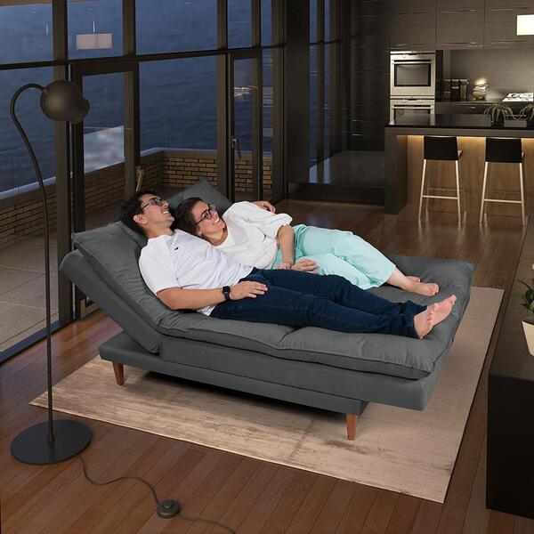 Sofá Cama Vancouver Com Banqueta Suede Reclinável Pés Madeira
