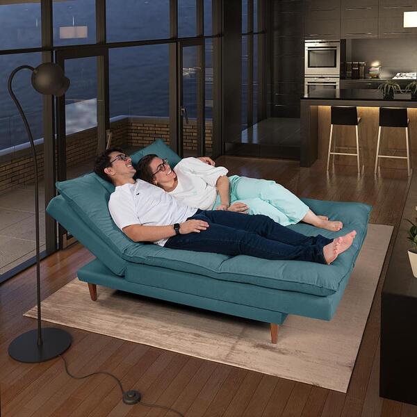 Sofá Cama Vancouver Com Banqueta Suede Reclinável Pés Madeira