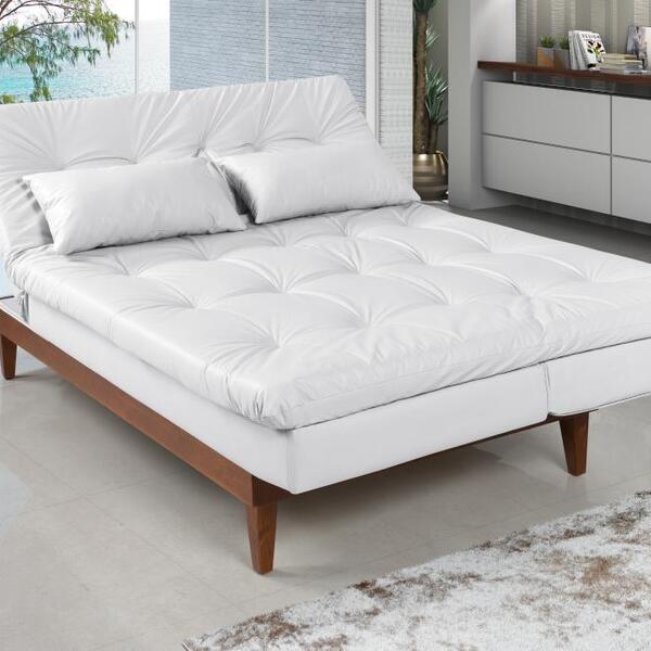 Sofá Cama Versátil Pés De Madeira Corano Branco