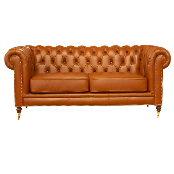 Sofá Chester Duo De Couro 2 Lugares Conhaque Com Brilho - Mem