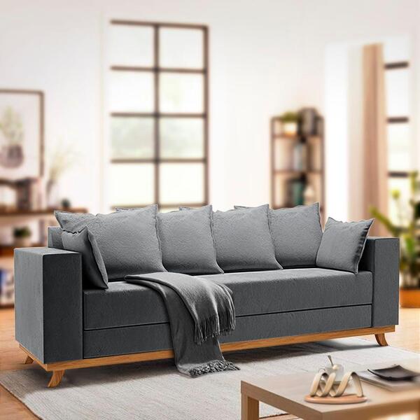 Sofá Cinza 4 Lugares Veludo Pés Em Madeira Cinza Chumbo Muniz