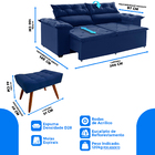 Sofá Compact 200 Cm Retrátil Reclinável Molas Espirais Azul C