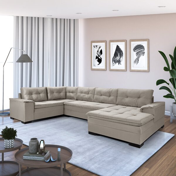 Sofá De Canto 6 Lugares Com Chaise 3,42m Suede Cinza Claro  C