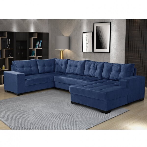 Sofá De Canto 6 Lugares Com Chaise Bia Império Estofados Azul