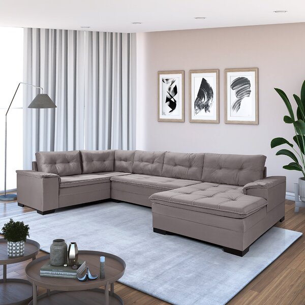 Sofá De Canto 6 Lugares Com Chaise Suede Aveludado Viena Nude