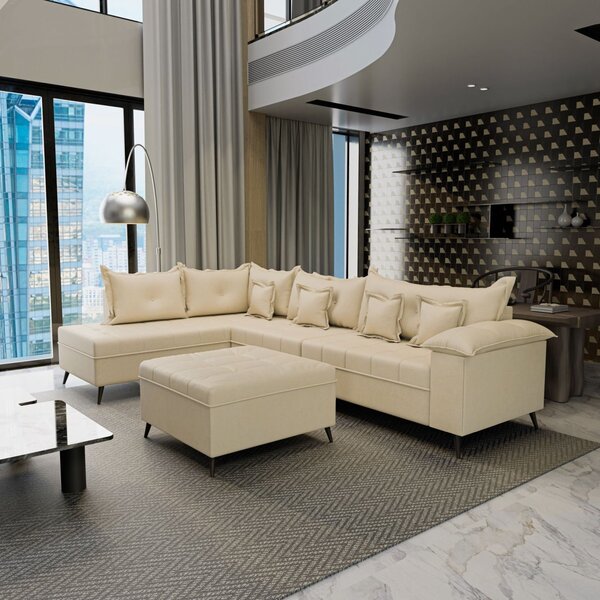 Sofá De Canto 9 Lugares Com Puff Cancun Bege