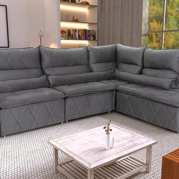 Sofá De Canto Amsterdam Cinza Molas Retrátil Reclinável - kin