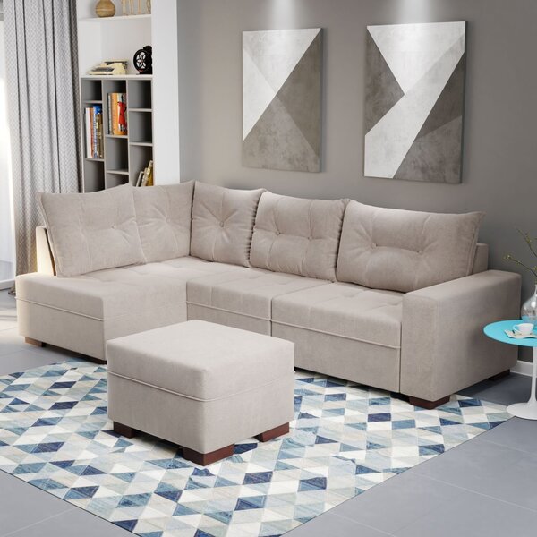 Sofá De Canto Com Puff 7 Lugares 238cm Gloria Bege