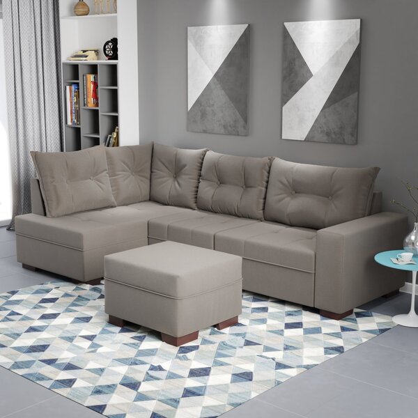 Sofá De Canto Com Puff 7 Lugares 238cm Gloria Cinza