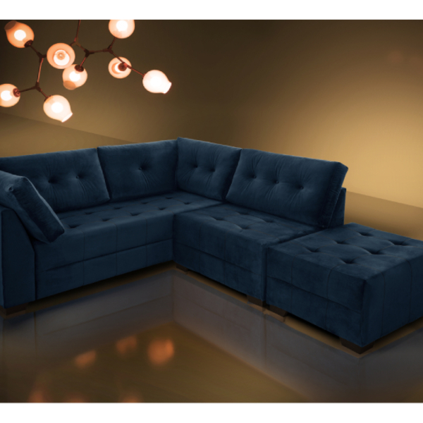 Sofá De Canto Com Puff Absoluto  Veludo Azul Marinho Villa Mo