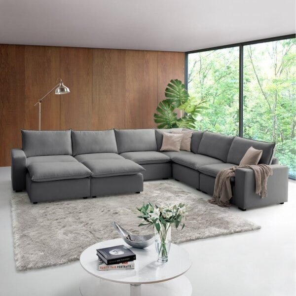 Sofá De Canto Modular Hug 8 Lugares 363x278cm Com Puff Em Lin