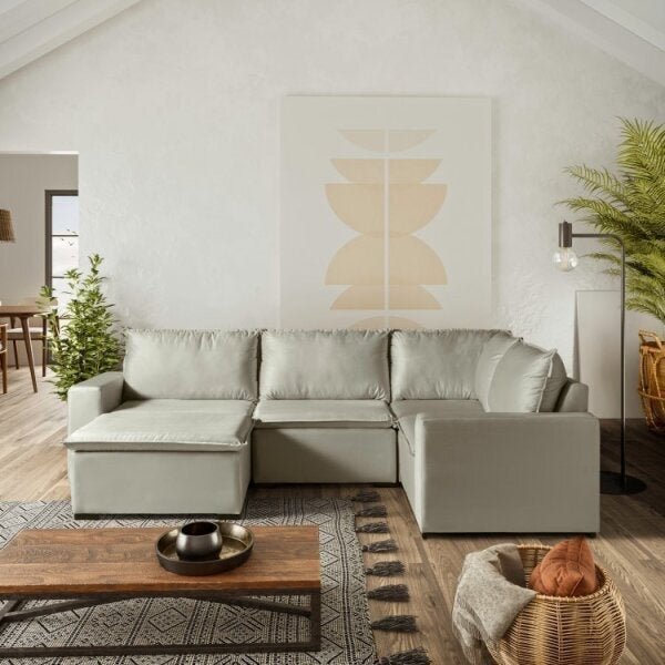 Sofá De Canto Modular Ibi 4 Lugares 280x195cm Com Puff Em Vel