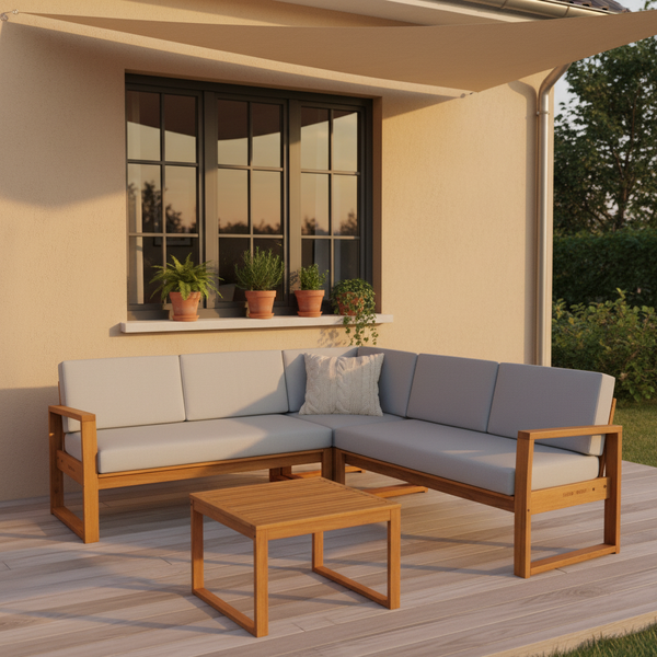 Sofá de Canto para Jardim 5 Lugares em Madeira 77x194,5x194,5cm Canela e Cinza Solarium Naterial