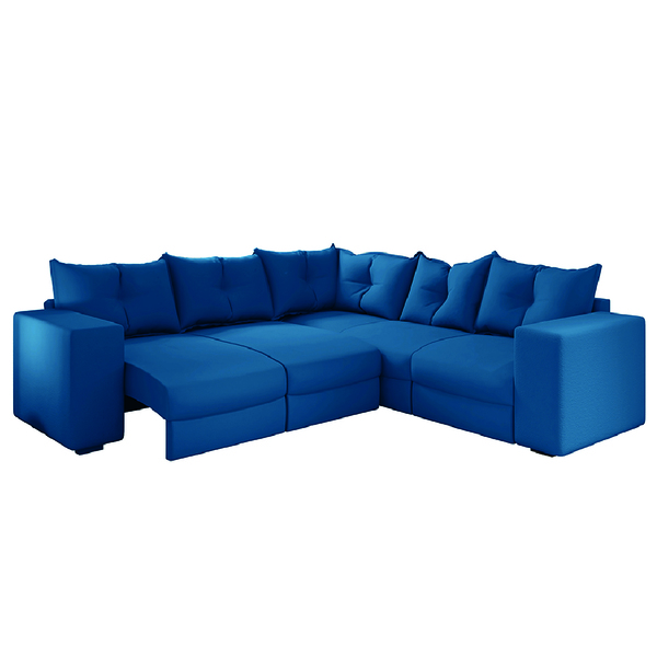 Sofá De Canto Retrátil 5 Lugares Veludo New Qatar Azul Selmer