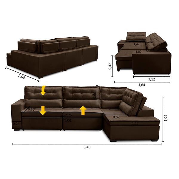 Sofá De Canto Retrátil E Reclinável Com Molas 3,40x2,00 Viena