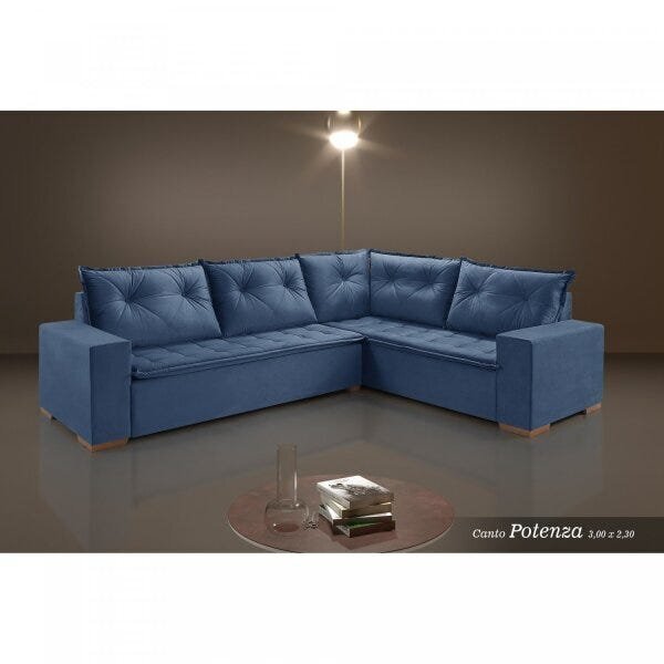 Sofá De Canto Suede Azul Potenza Pés De Madeira  Azul