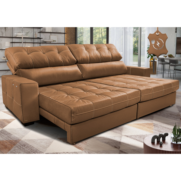 Sofá De Couro Elétrico Retrátil 2,75m Molas Ensacadas Cama In