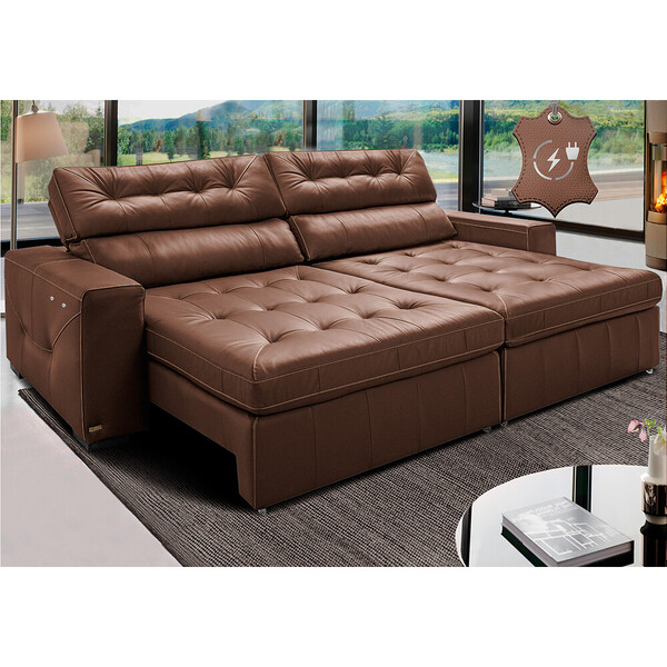 Sofá De Couro Legítimo Retrátil Automático 2,75m Cama Inbox G