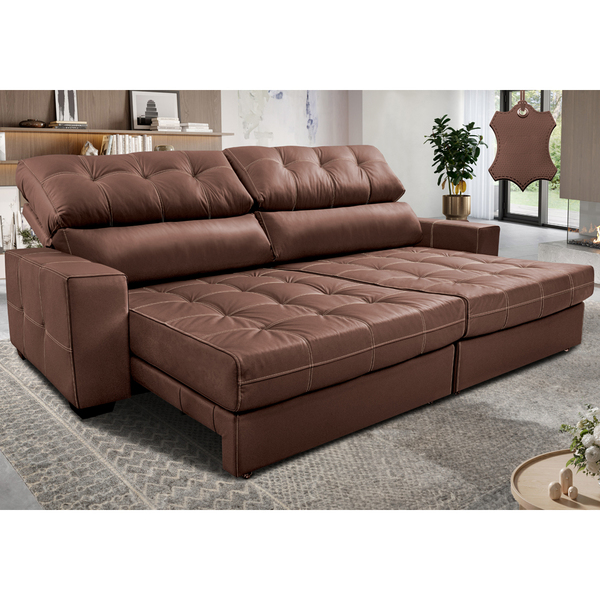 Sofá De Couro Legítimo Retrátil E Reclinável 2,15m Cama Inbox