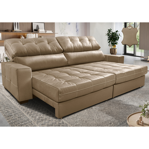 Sofá De Couro Legítimo Retrátil E Reclinável 2,15m Cama Inbox