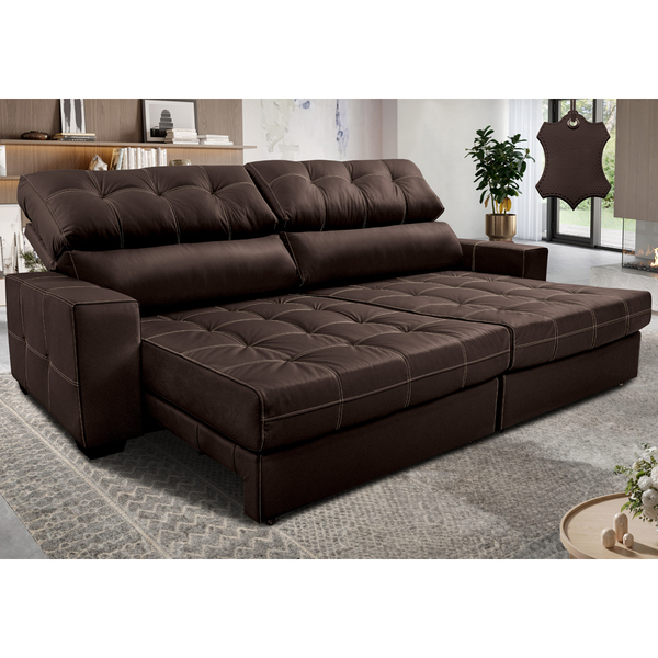 Sofá De Couro Legítimo Retrátil E Reclinável 2,35m Cama Inbox