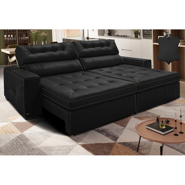 Sofá De Couro Legítimo Retrátil E Reclinável 2,55m Cama Inbox