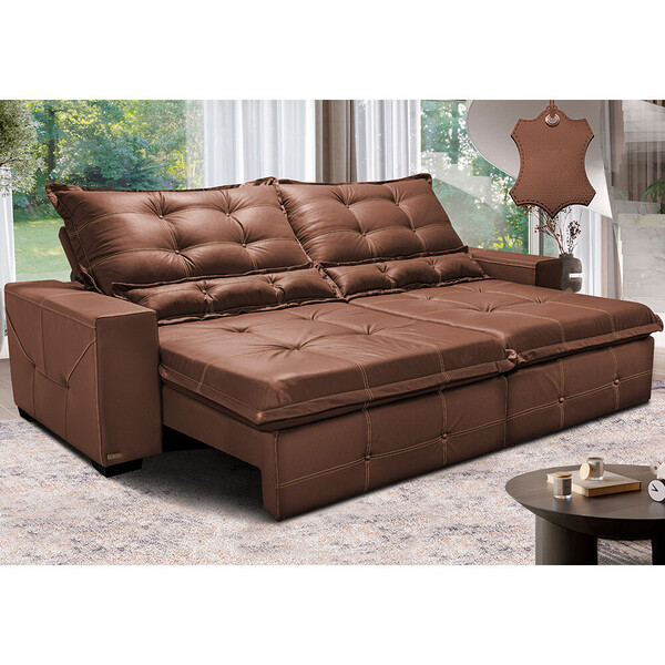 Sofá De Couro Legítimo Retrátil E Reclinável 2,55m Cama Inbox