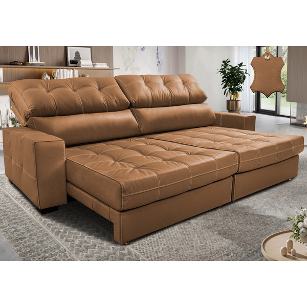 Sofá De Couro Legítimo Retrátil E Reclinável 2,95m Molas Ensa