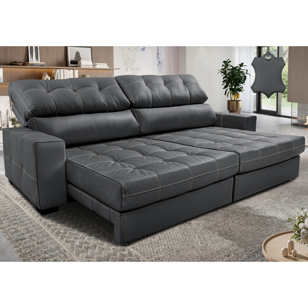 Sofá De Couro Legítimo Retrátil E Reclinável 2,95m Molas Ensa