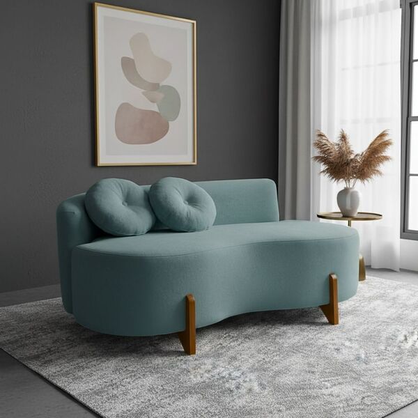 Sofá Decorativo Curvo Orgânico Living Boucle Azul Turquesa -