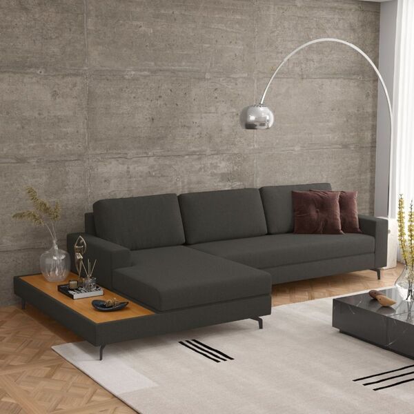 Sofá Em Linho 292cm Chaise Esquerdo E Deck Loft Grafite