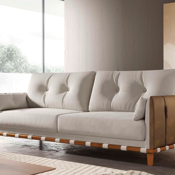 Sofá Fixo Antares 2,00cm Pés Madeira Lateral Couro