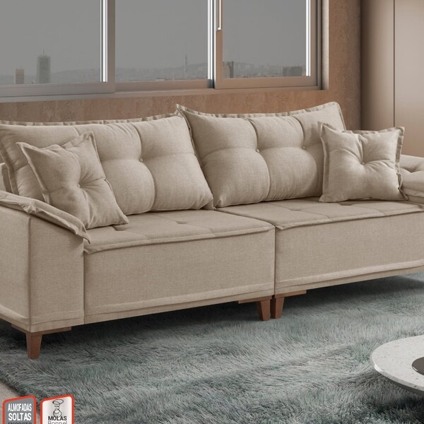 Sofá Fixo Living M44 2,50cm Pés Madeira Maciça Almofadas Solt