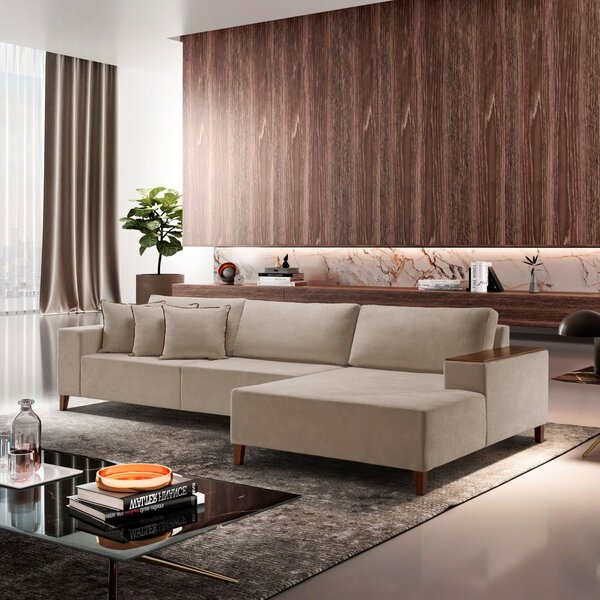 Sofá Grécia 4 Lugares Com Chaise Bouclê 2,70m Bege