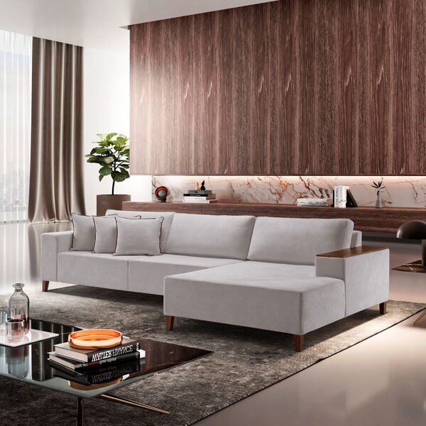 Sofá Grécia 4 Lugares Com Chaise Linho 2,90m Cinza