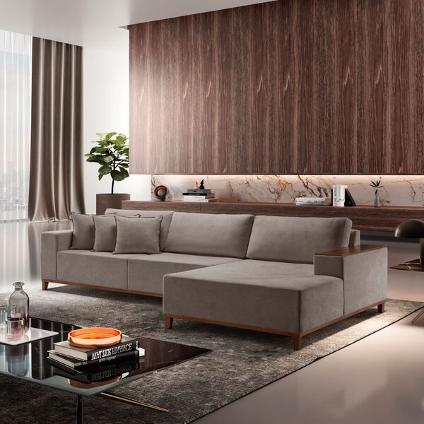 Sofá Grécia 4 Lugares Com Chaise Linho 2,90m Marrom