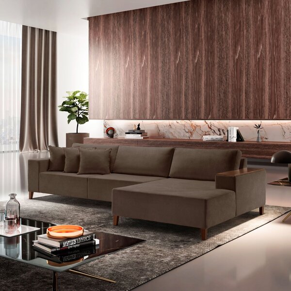 Sofá Grécia 4 Lugares Com Chaise Veludo 2,70m Marrom