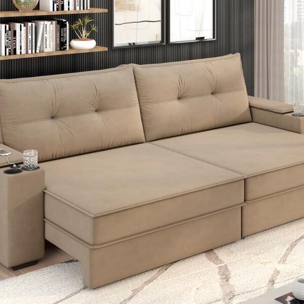 Sofá Hannover Premium 2,10m Assento Retrátil/reclinável Suede Capuccino
