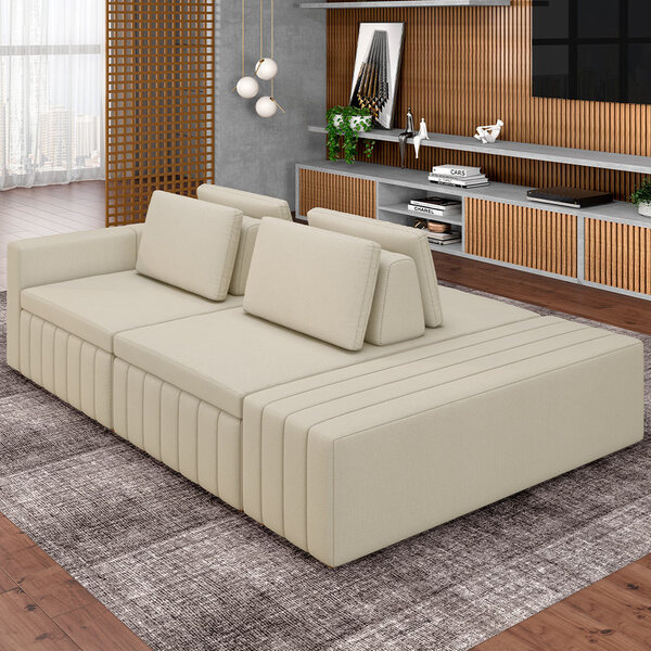 Sofá Ilha Com Puff Para Sala Living 285cm Amber M03 Linho Cru