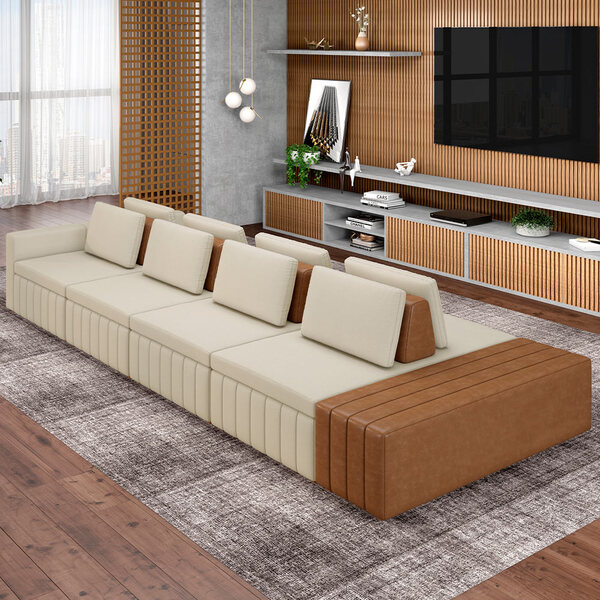 Sofá Ilha Com Puff Para Sala Living 505cm Amber M03 Linho Cru