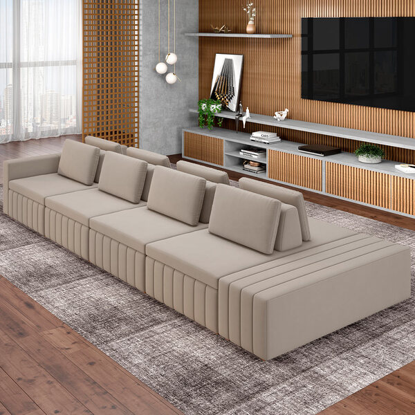 Sofá Ilha Com Puff Para Sala Living 505cm Amber M03 Veludo Be