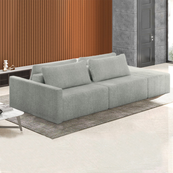 Sofá Ilha Modulado Milos 232cm Puff Lateral Bouclê Cinza G33