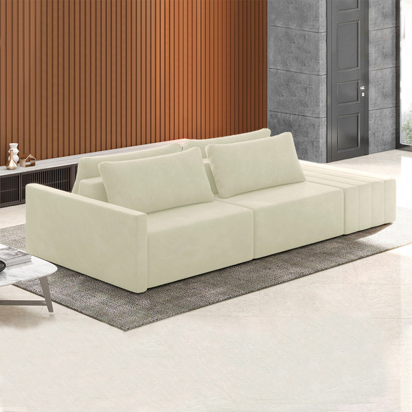 Sofá Ilha Modulado Milos 232cm Puff Lateral Veludo Bege G33 -