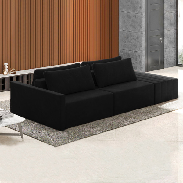 Sofá Ilha Modulado Milos 252cm Puff Lateral Veludo Preto G33