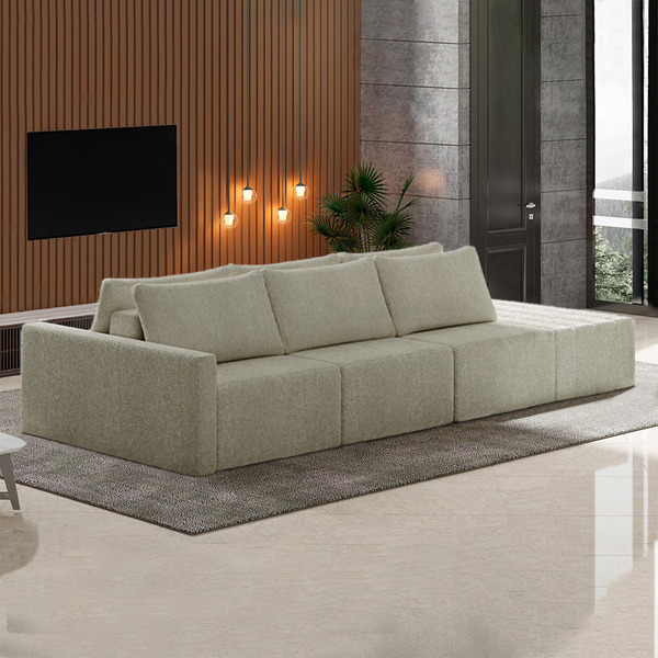 Sofá Ilha Modulado Milos 312cm Puff Lateral Bouclê Bege G33 -