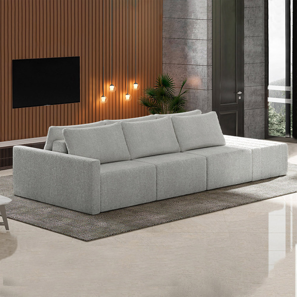 Sofá Ilha Modulado Milos 342cm Puff Lateral Bouclê Cinza G33