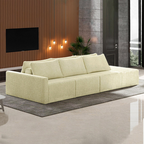 Sofá Ilha Modulado Milos 342cm Puff Lateral Bouclê Off White